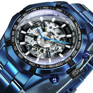 WINNER Fashion Blue Automatic Mechanical Skeleton Mens Watch Stainless Steel Strap 188