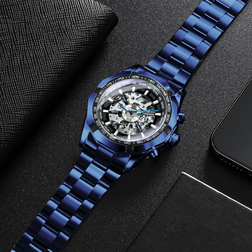 WINNER Official Military Watch For Men Mechanical Wristwatches Blue Steel Strap Skeleton Watches Luminous Hands reloj hombre New