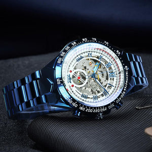 WINNER Blue Steampunk Skeleton Automatic Mechanical Mens Watch 125