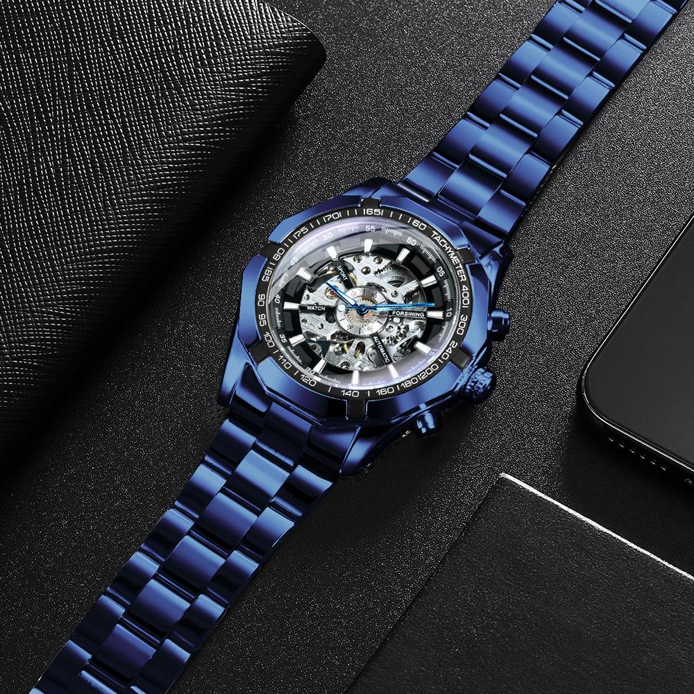 WINNER Fashion Blue Automatic Mechanical Skeleton Mens Watch Stainless Steel Strap 188
