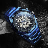 WINNER Fashion Blue Automatic Mechanical Skeleton Mens Watch Stainless Steel Strap 188