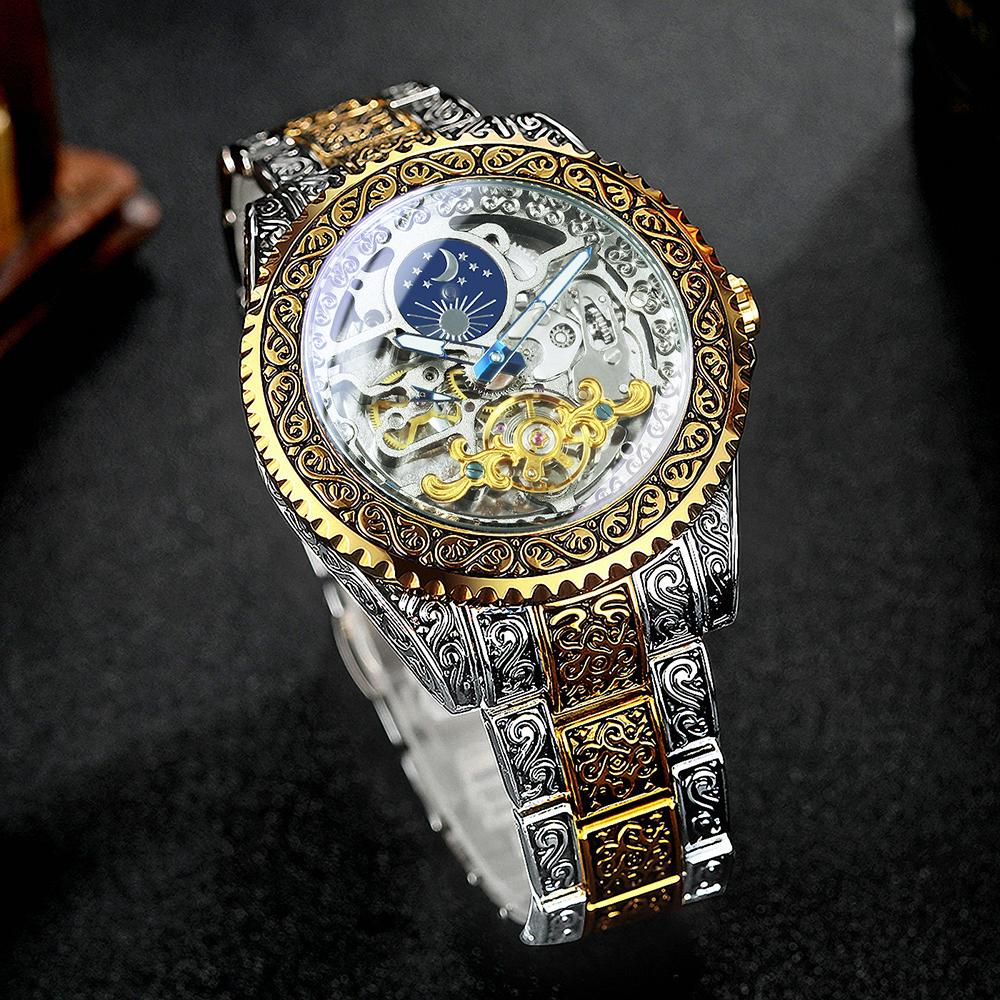 WINNER Automatic Mechanical Tourbillion Watch Moon Phase Carved Case Skeleton Dial Stainless Steel Strap 525
