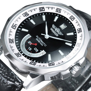 WINNER Official Automatic Mechanical Watch Men Auto Date Calendar Sub Dials Silver Dial Leather Band Top Brand Classic Business